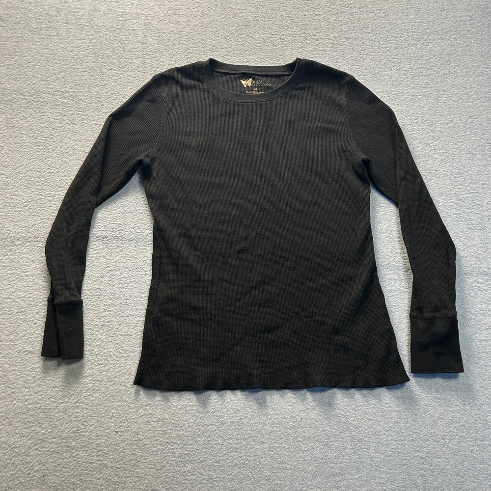 Natural Reflections Ribbed Waffle Knit Womens Medium Black Thermal Long Sleeve